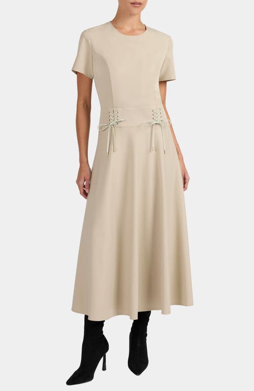 Santorelli Octavia Short Sleeve Dress With Leather Lacing Detail In Neutral