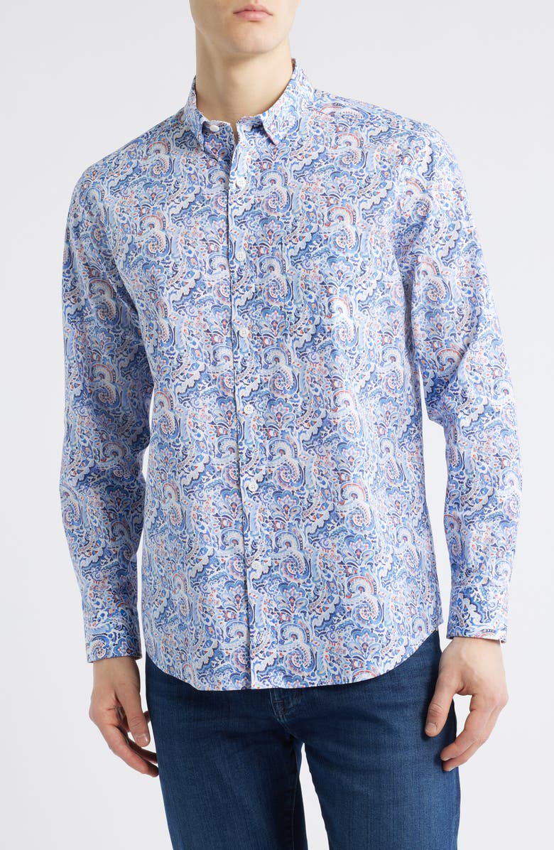 Johnston & Murphy Large Mosaic Print Button-Up Shirt, Main, color, Blue Multi