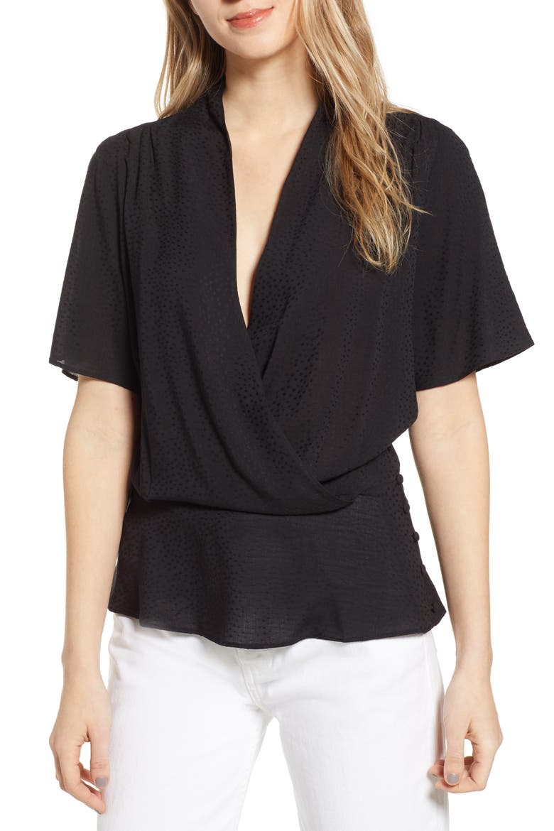 Side Button Textured Satin Wrap Top, Main, color, BLACK