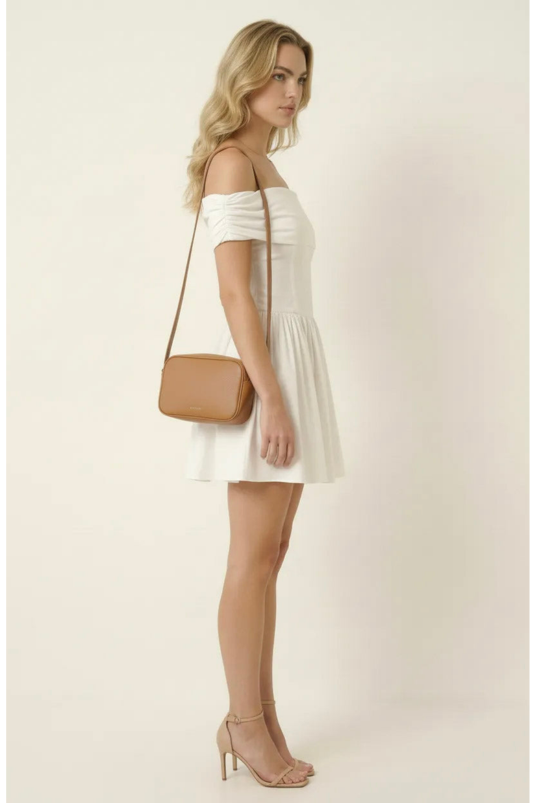 Off-Shoulder Ruched Bodice Mini Dress with Flowy Skirt, Alternate, color, White
