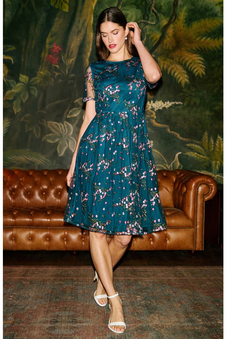 Embroidered Floral Mesh Fit-Flare Dress, Alternate, color, Teal