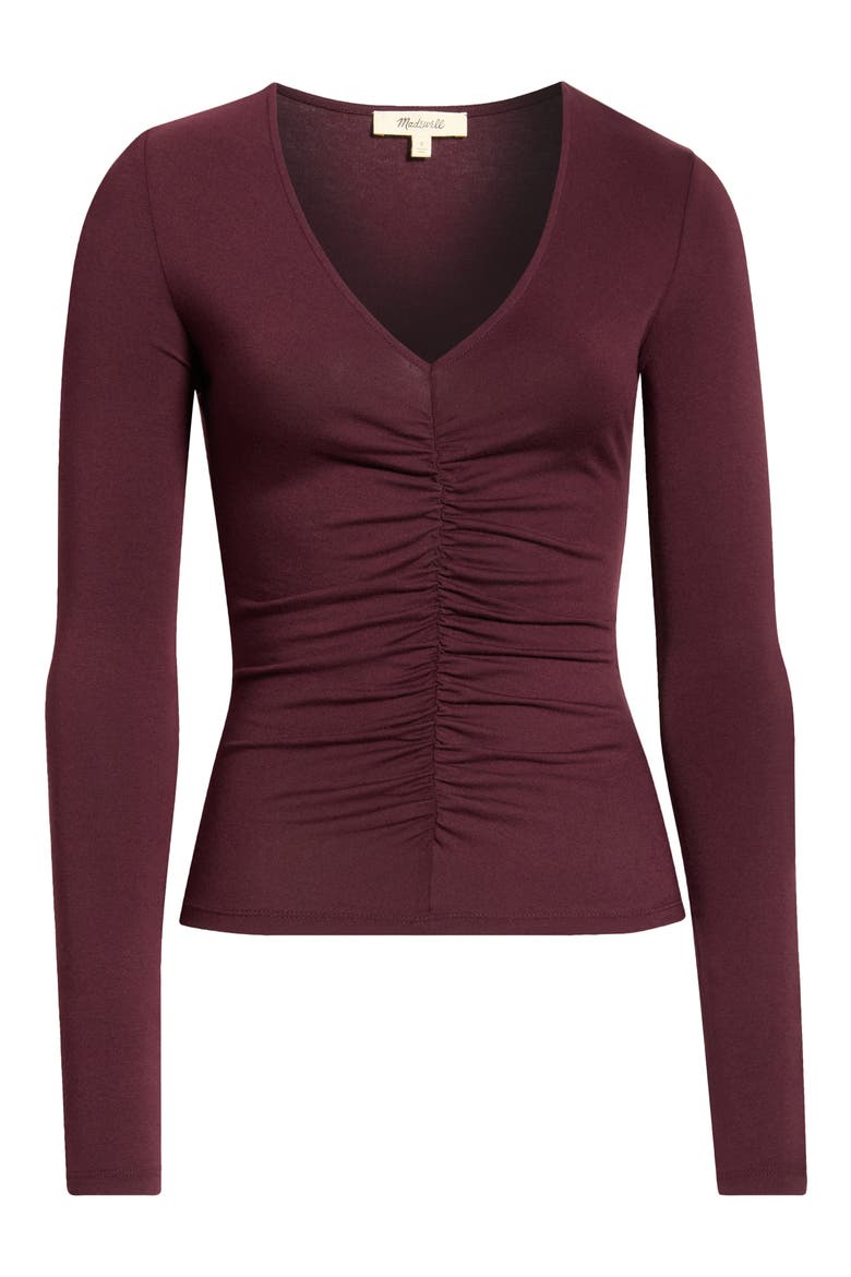 Shirred V-Neck Long Sleeve Top, Main, color, DARK POMEGRANATE