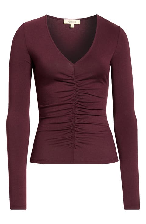 Shirred V-Neck Long Sleeve Top