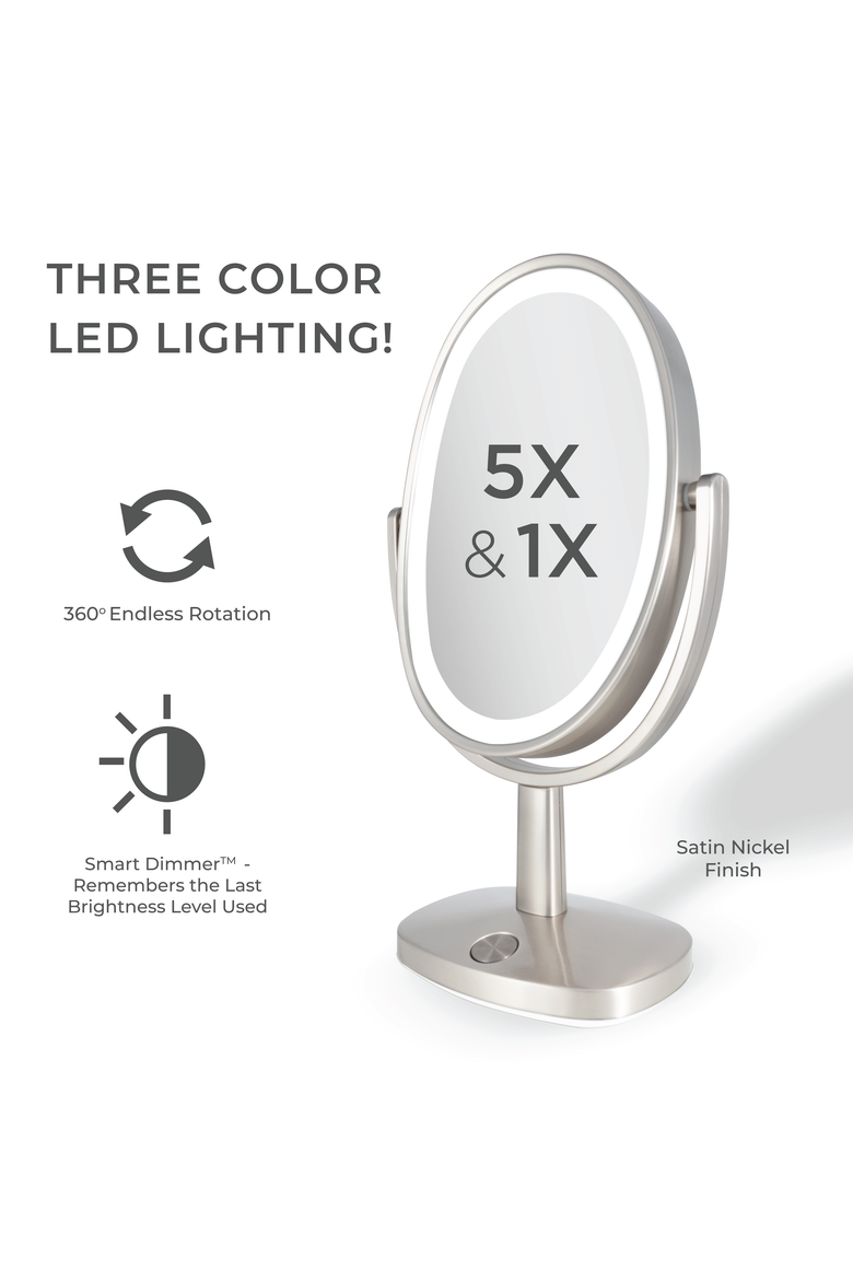 Newport Lighted Makeup Mirror with 5X/1X Magnification & Touch Pad, Alternate, color, Satin Nickel