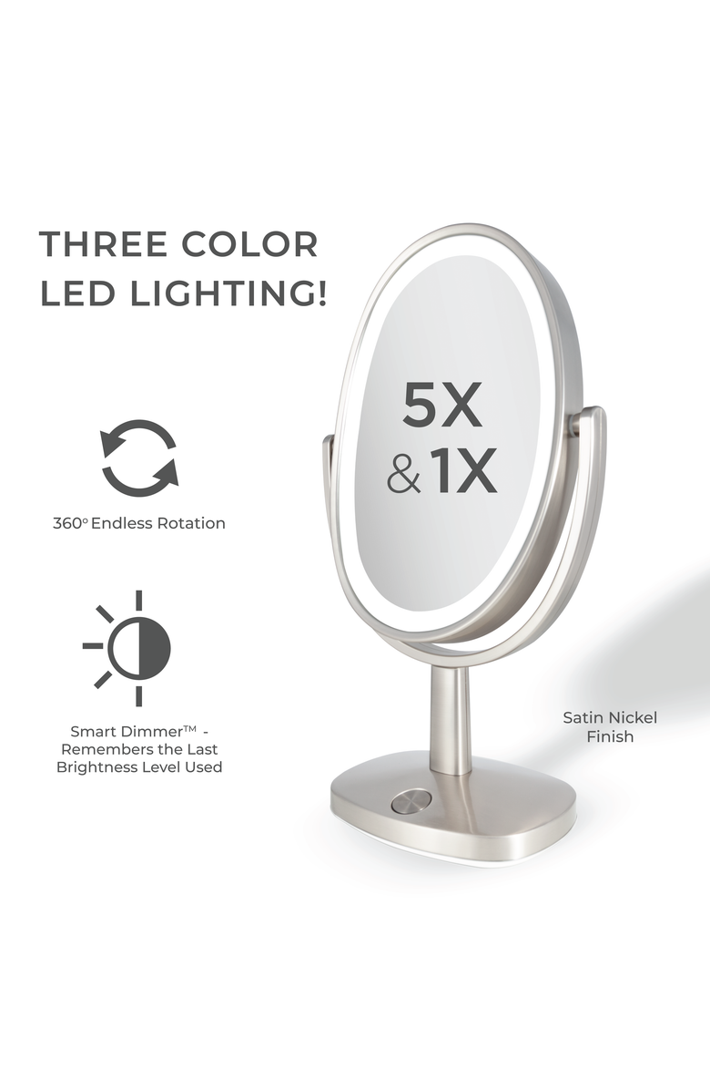 Zadro Newport Lighted Makeup Mirror with 5X/1X Magnification & Touch Pad, Alternate, color, Satin Nickel