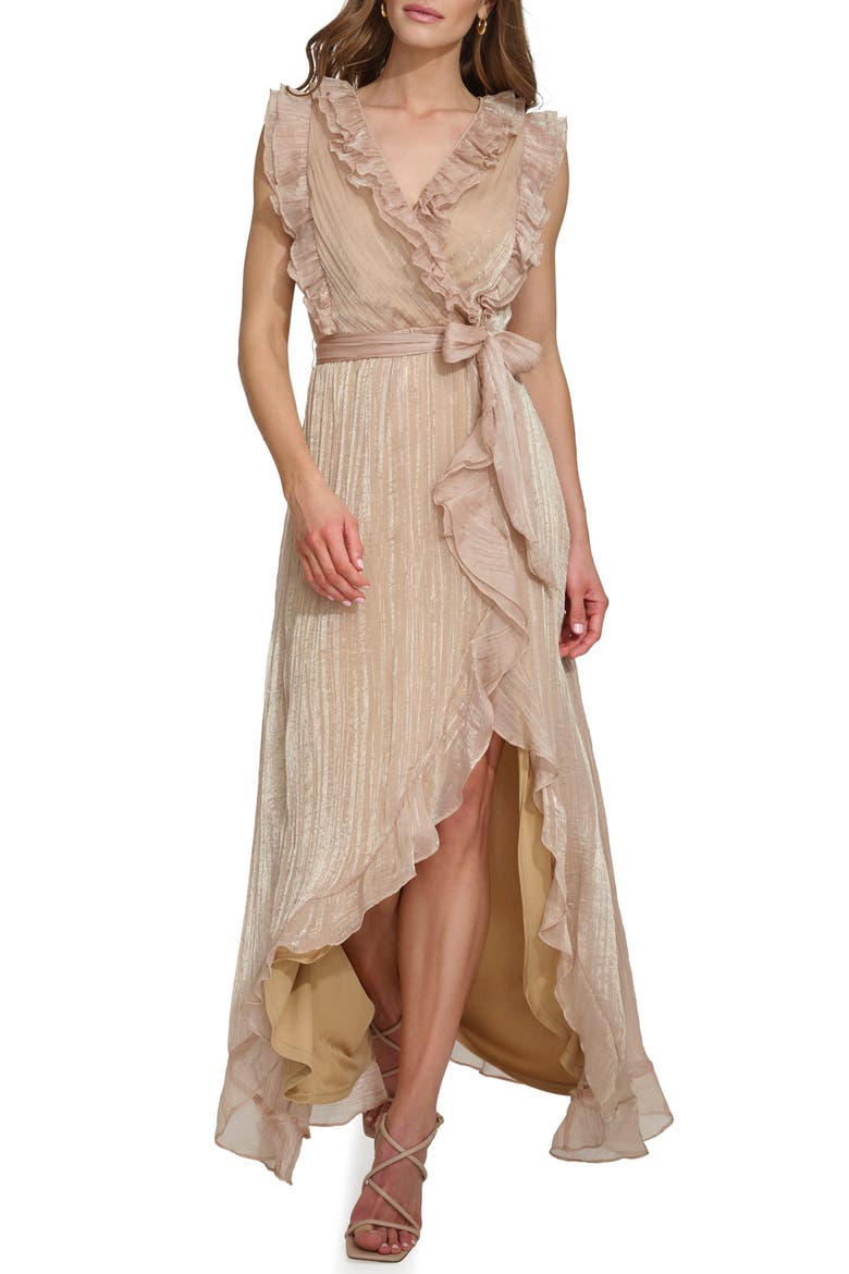 Sleeveless Ruffle Faux Wrap Dress, Main, color, SANDALWOOD