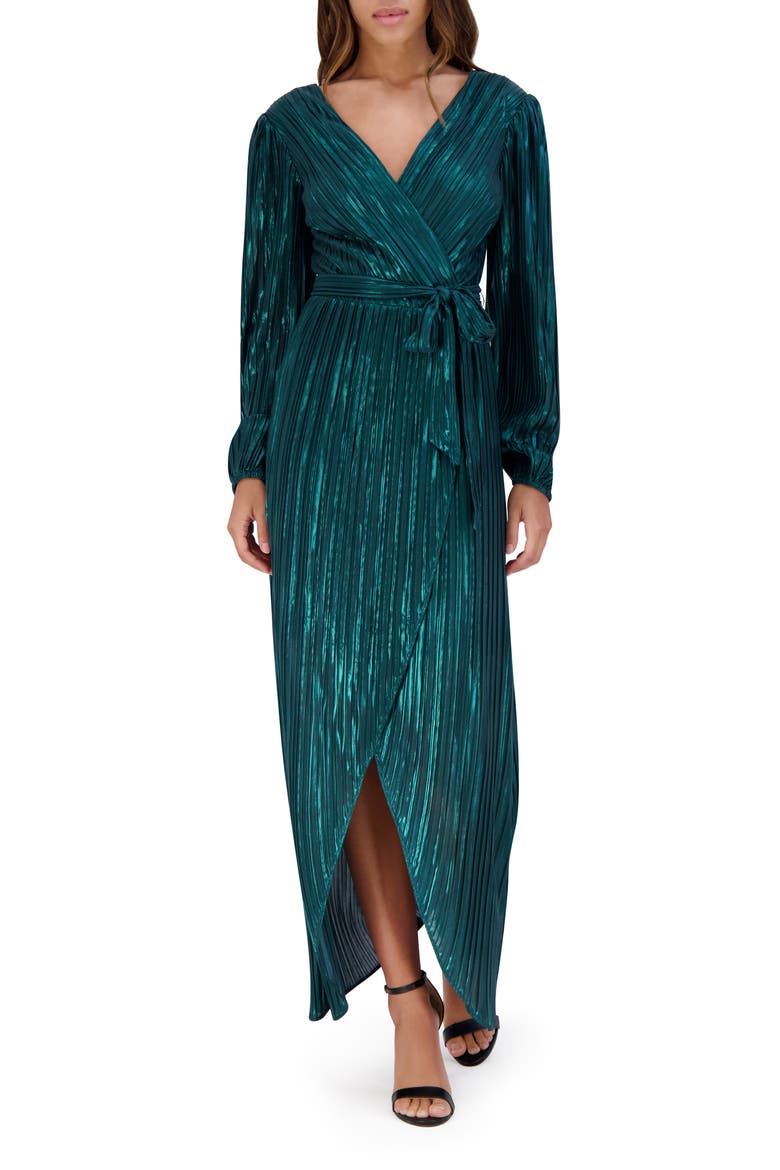 Pleated Foil Wrap Maxi Dress, Main, color, EMERALD