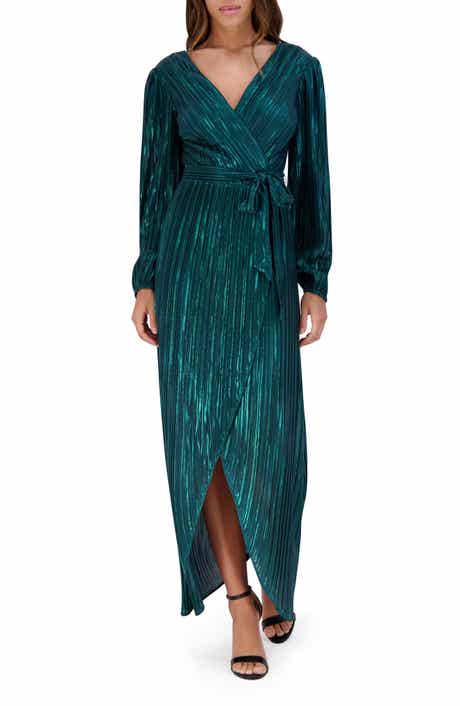 Pleated Foil Wrap Maxi Dress