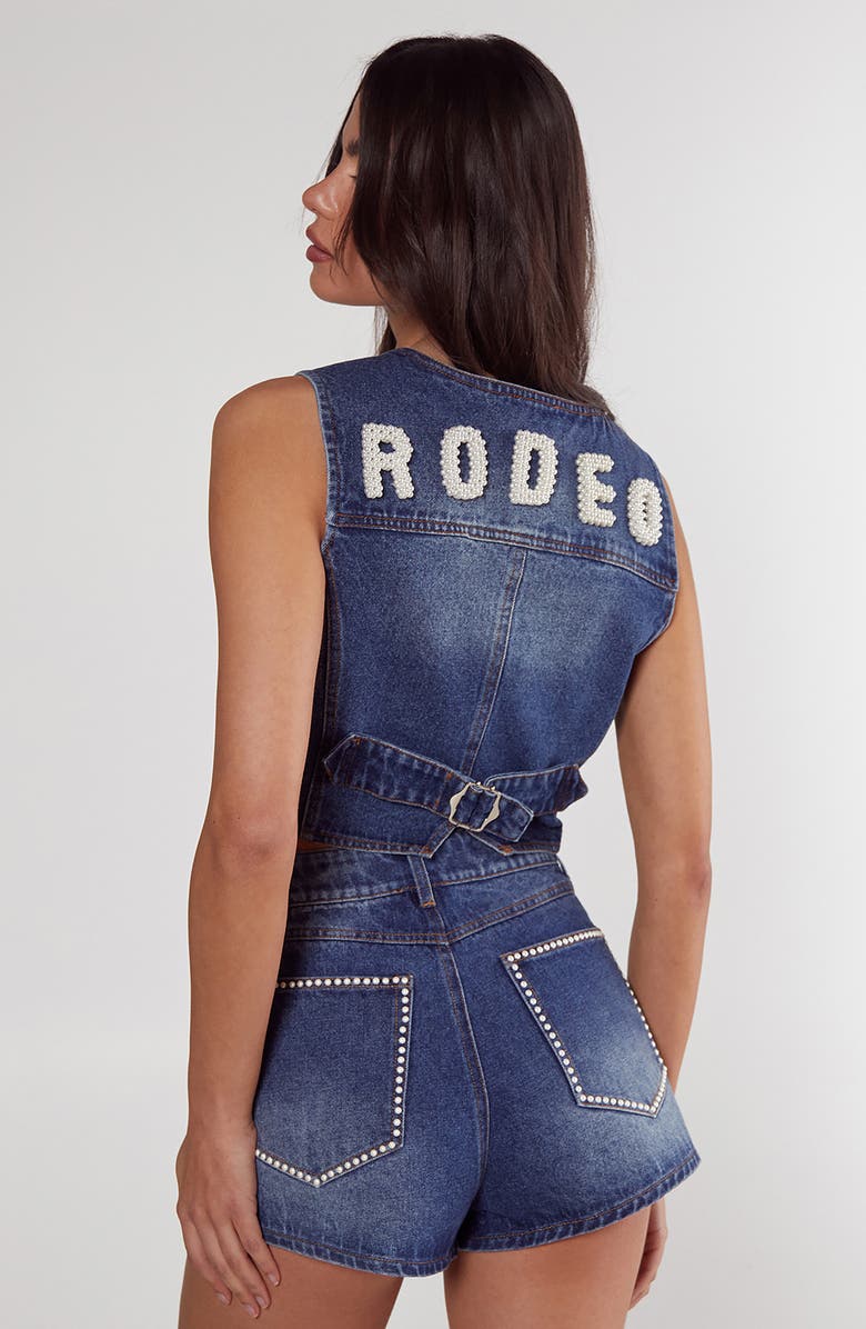 NASTY GAL Faux Pearl Trim Denim Shorts, Alternate, color, Authentic Midwash