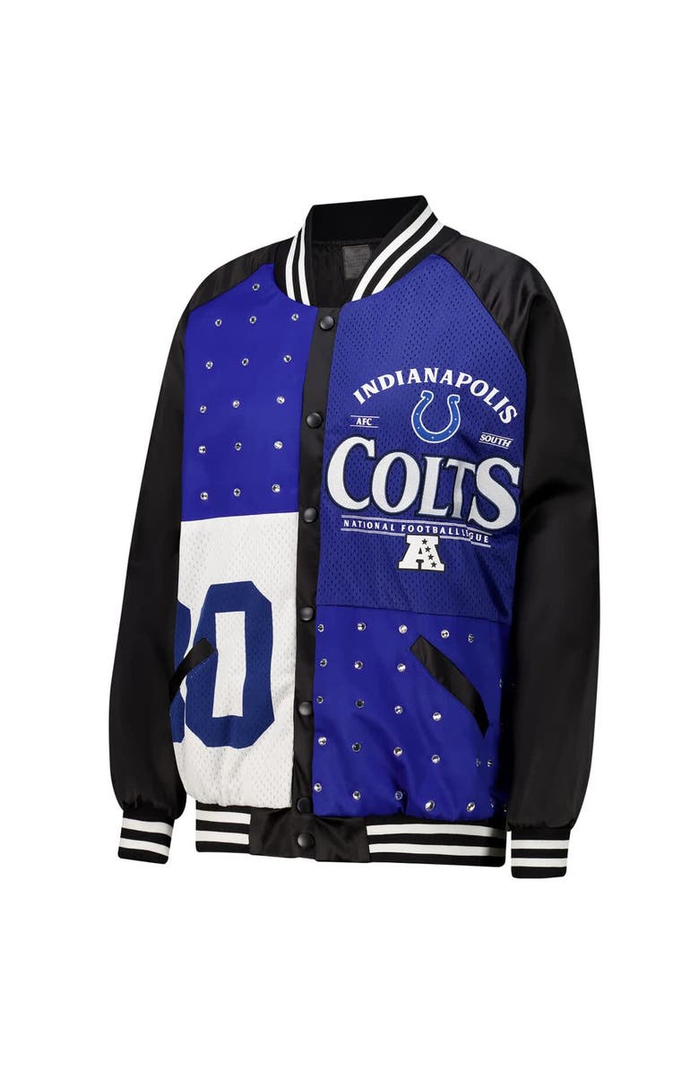 GAMEDAY COUTURE Women's Gameday Couture  Black/Royal Indianapolis Colts Oversized Hot Shot Rhinestone Throwback Full-Snap Varsity Bomber Jacket, Alternate, color, Black