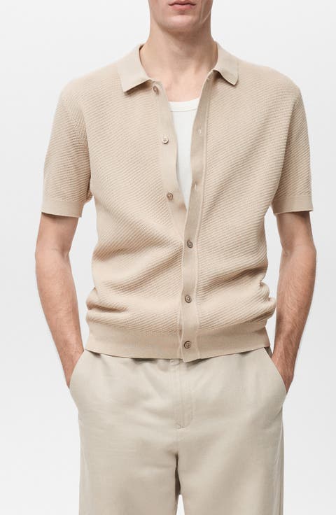 Openwork Short Sleeve Cotton Button-Up Shirt