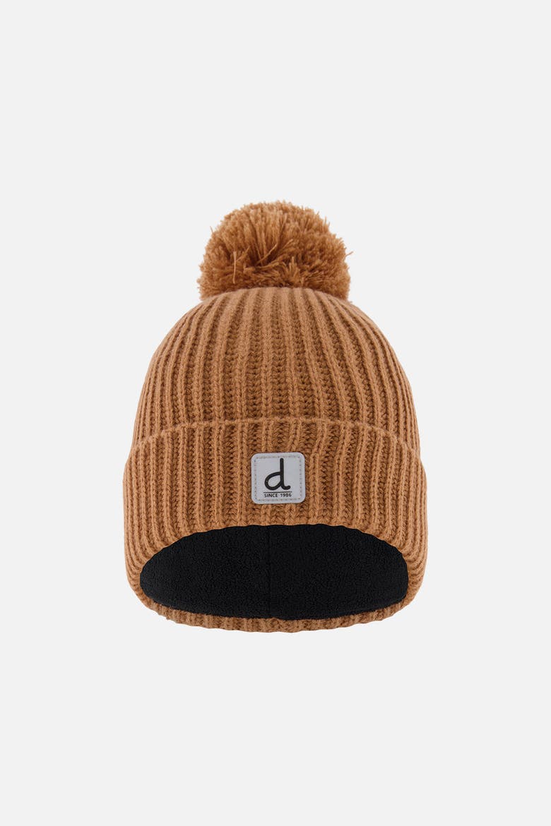 Mountain Fleece-Lined Folded Cuff Knit Hat with Pompom, Main, color, Brown