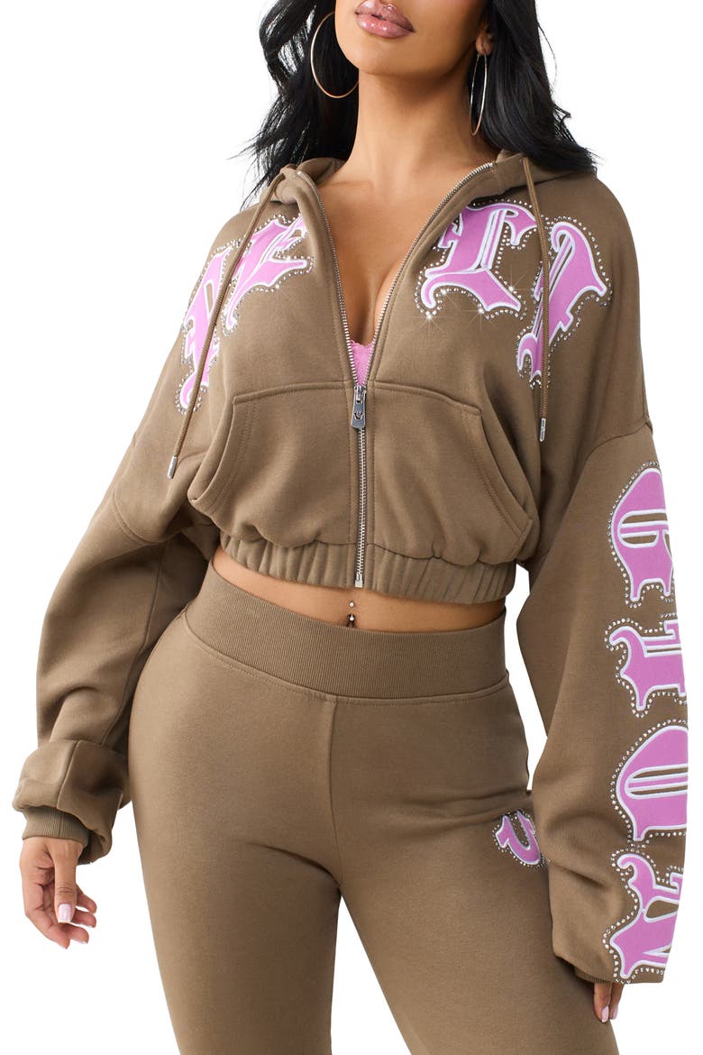 Crystal Patched Relaxed Full Zip Hoodie, Main, color, SHITAKE