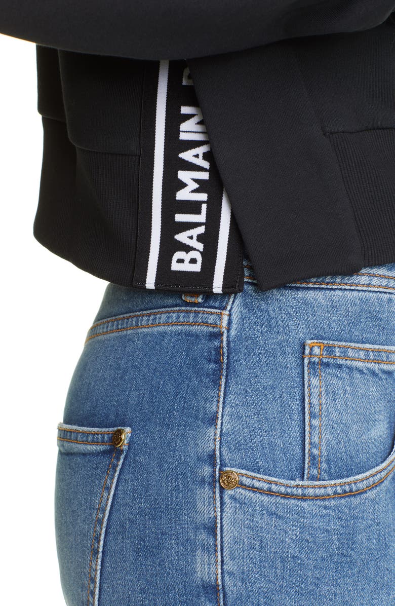 Balmain Flocked Logo Crop Hoodie, Alternate, color, 