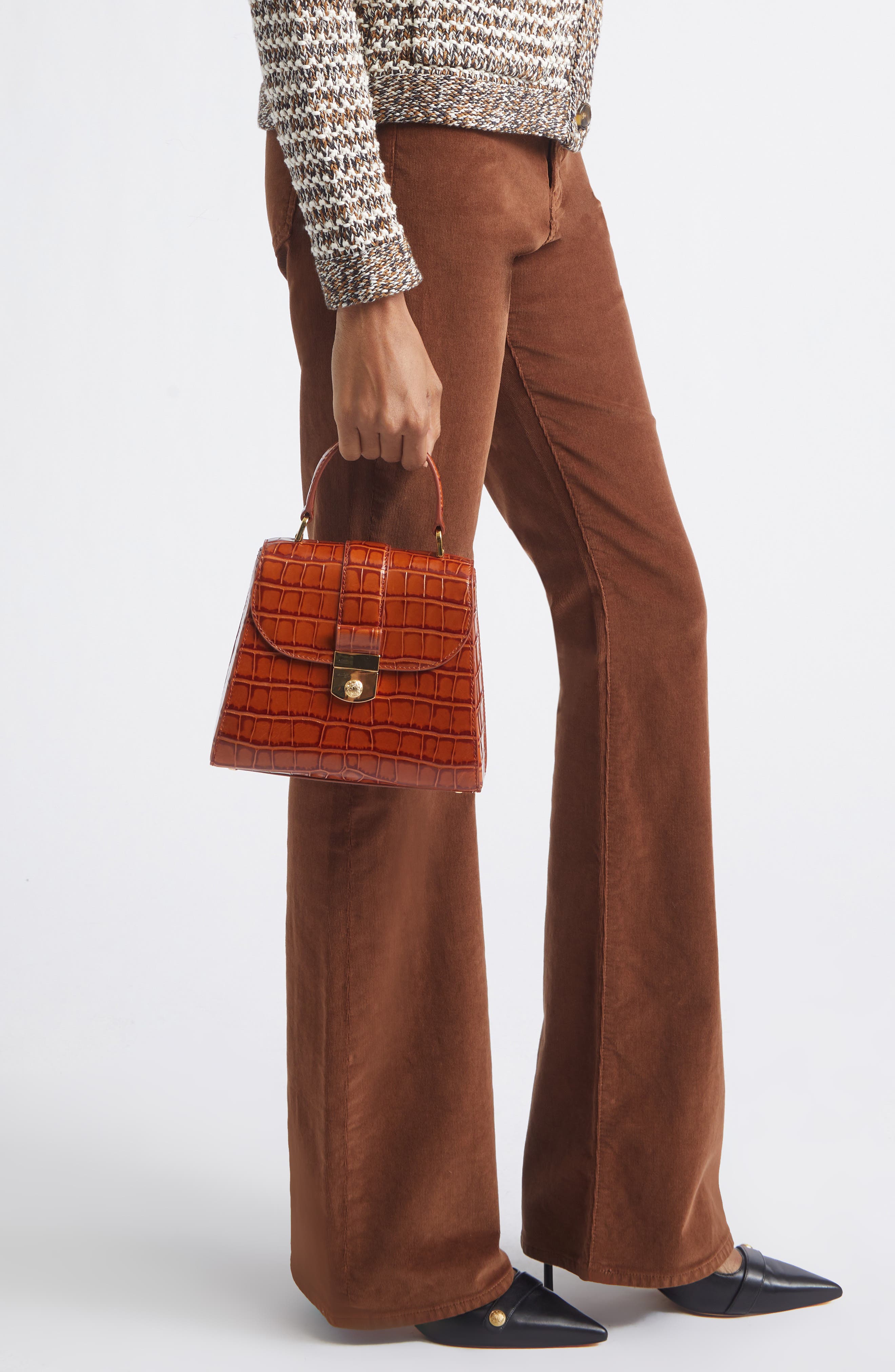 Crest Lock Croc Embossed Leather Top Handle Bag, Alternate, color, PRALINE
