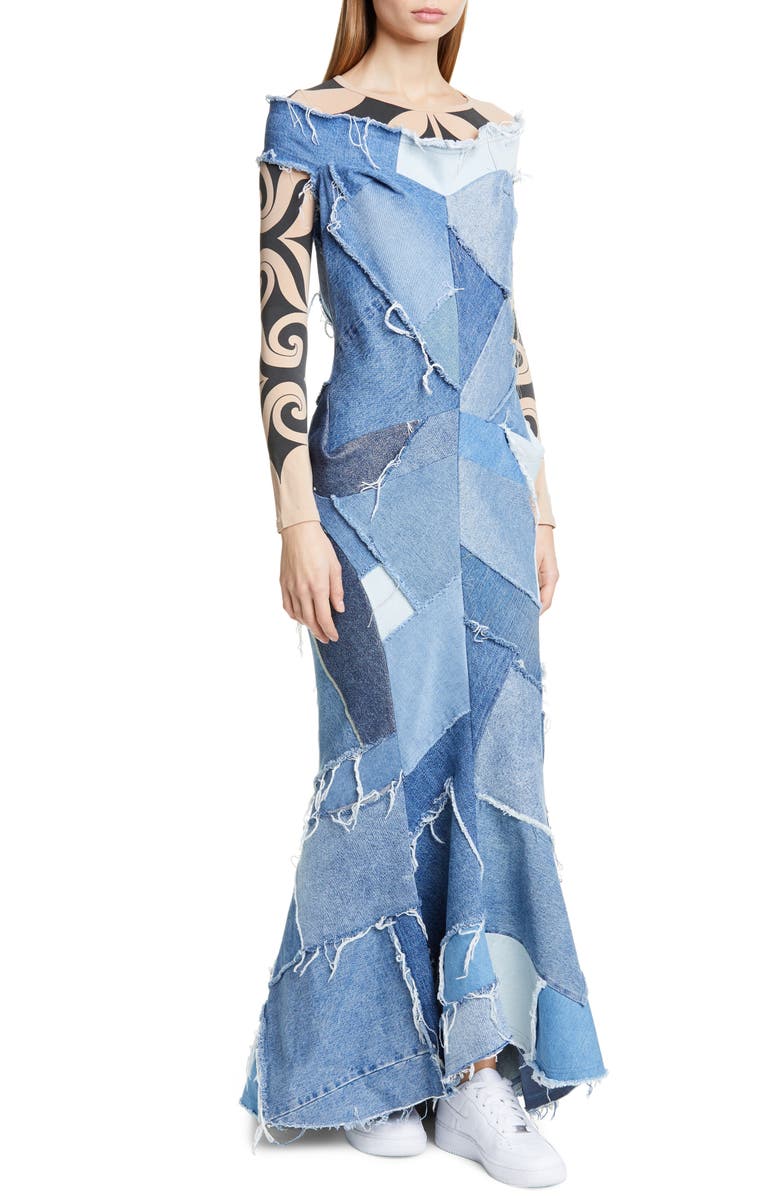 Junya Watanabe Denim Patchwork Off the Shoulder Mermaid Dress, Alternate, color,