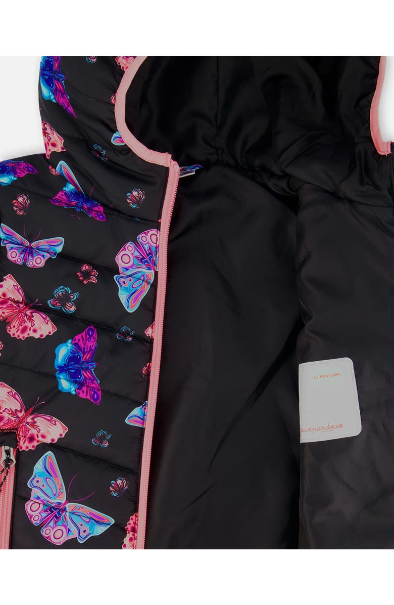 Deux par Deux Little Girl's Printed Quilted Mid-Season Jacket Multicolored Butterflies On Black Background, Alternate, color, 