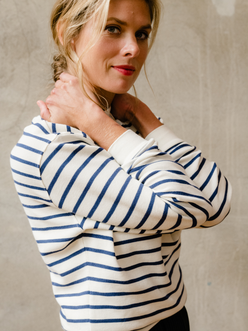 Able Brea Waffle Sweatshirt In Midnight/almond Stripe