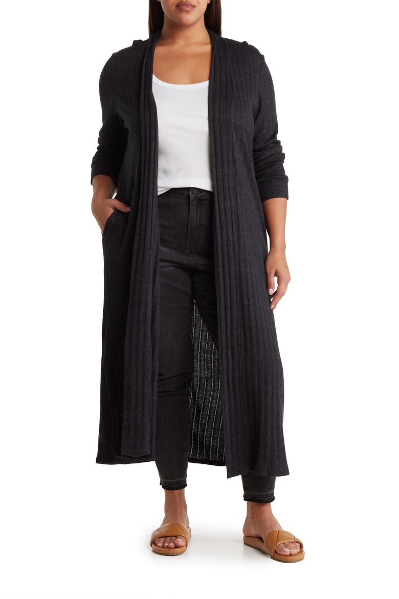 BAEA Ribbed Knit Long Line Duster Cardigan, Main, color, BLACK