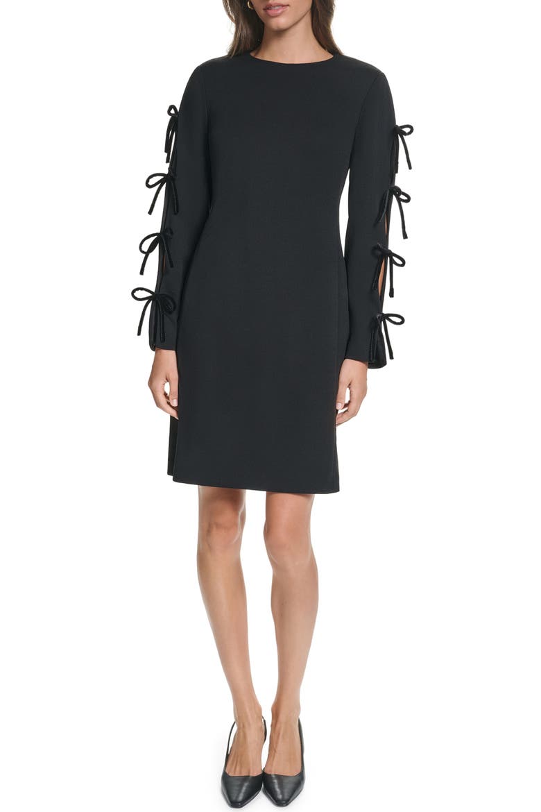Velvet Bow Scuba Crepe Sheath Dress, Main, color, BLACK