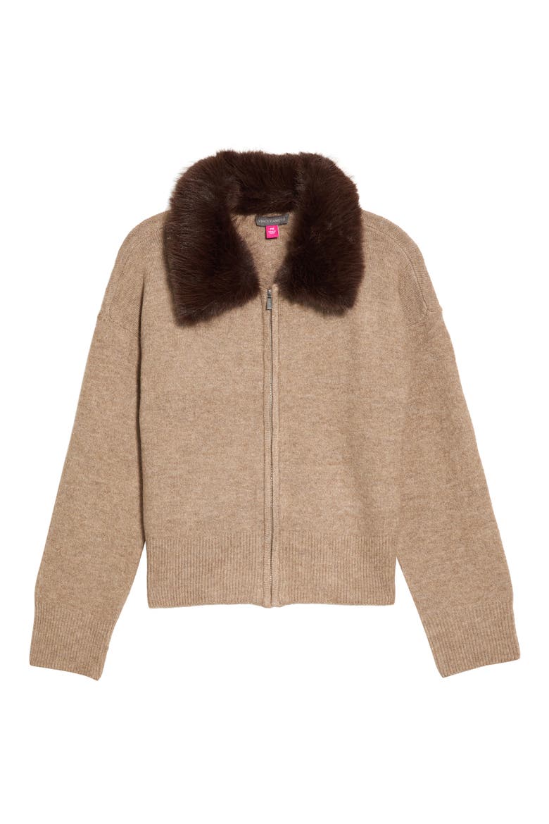 Faux Fur Collar Front Zip Cardigan, Alternate, color, TAUPE