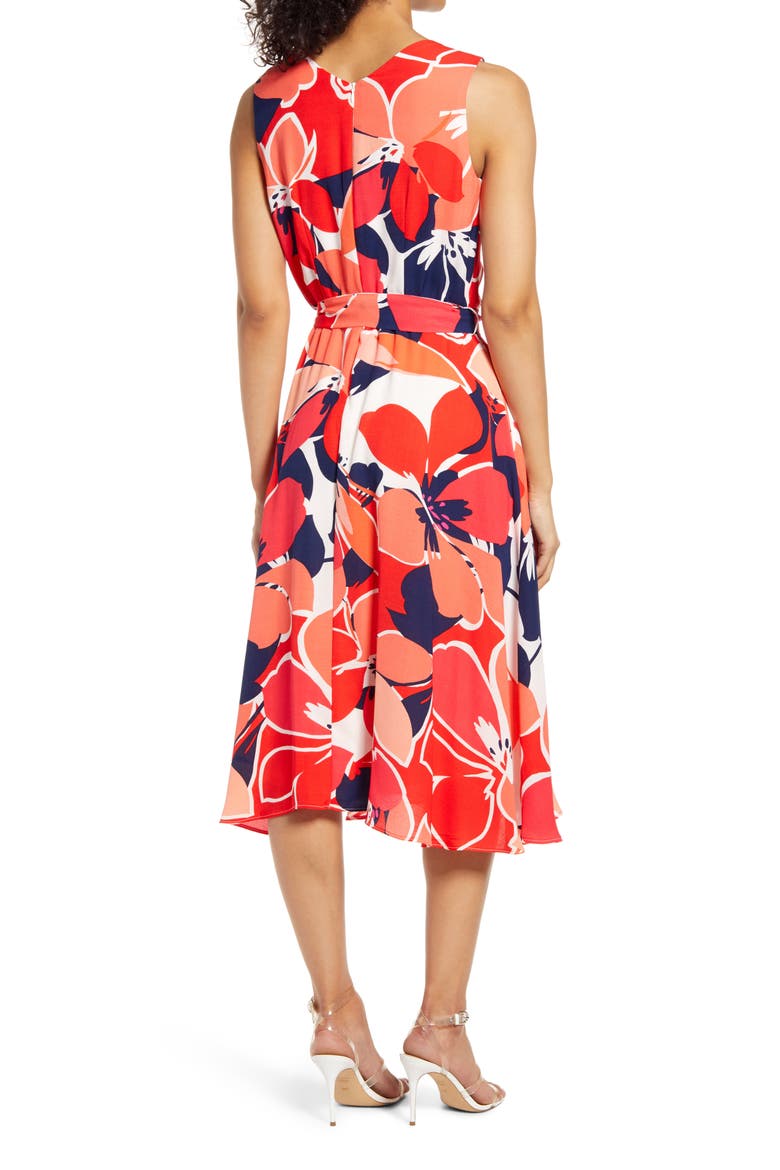 Floral Belted Fit & Flare Midi Dress, Alternate, color, RED MULTI
