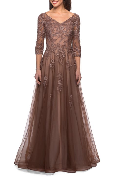 A-line Tulle Gown with Floral Lace Detail and V-Neck