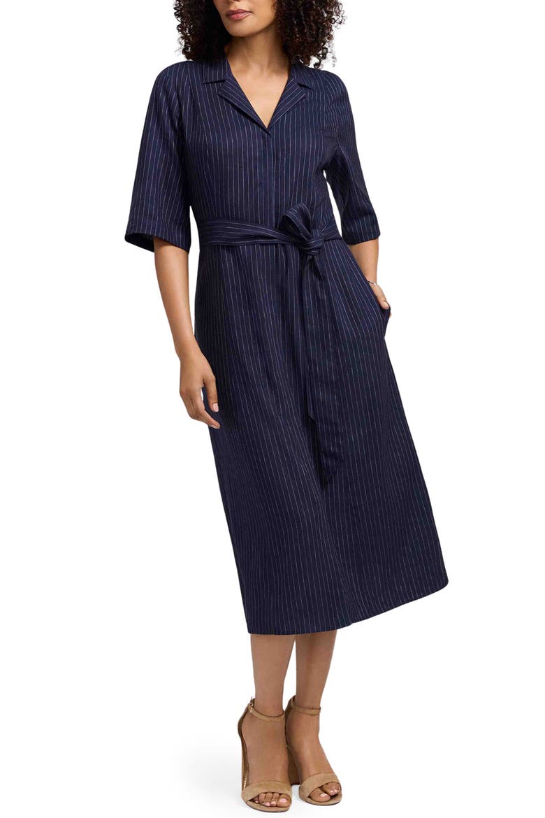 Aniston Stripe Linen Blend Shirtdress, Main, color, NAVY BLUE/ WHITE