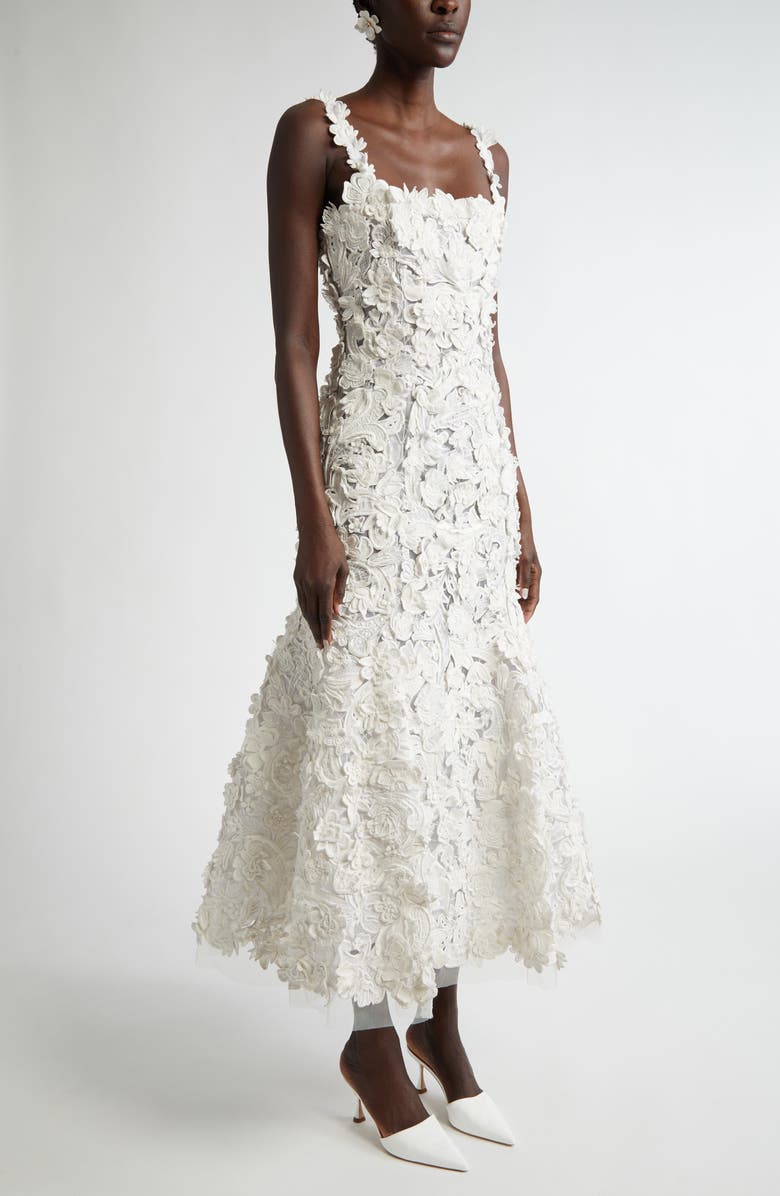Carolina Herrera Floral Appliqué Trumpet Midi Dress, Alternate, color,