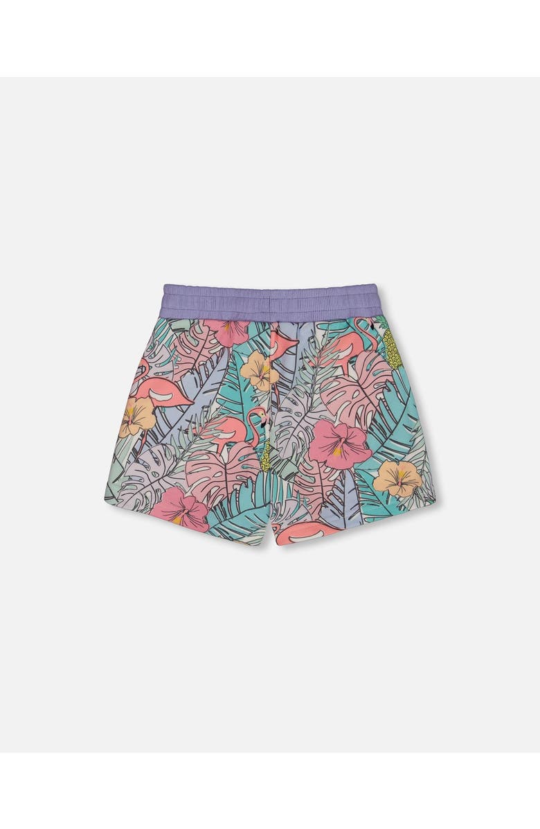 Deux par Deux Girl's Printed French Terry Short Lilac Tropical And Pink Flamingos, Alternate, color, Lilac And Pink Flamingos