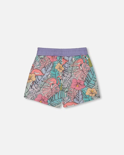 DEUX PAR DEUX DEUX PAR DEUX LITTLE GIRL'S PRINTED FRENCH TERRY SHORT LILAC TROPICAL AND PINK FLAMINGOS 