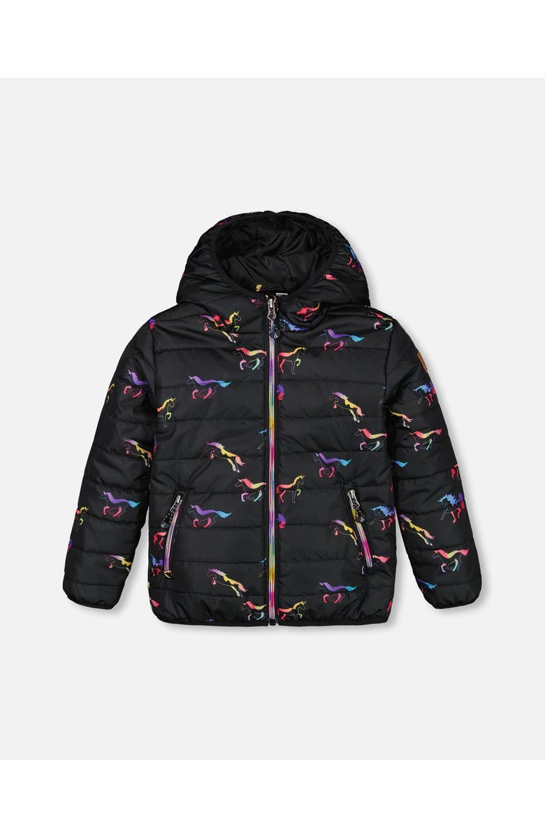 Deux par Deux Baby Girl's Quilted Mid-Season Jacket Black Printed Multicolor Unicorns, Main, color, 