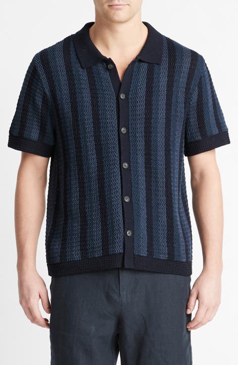 Crochet Stripe Short Sleeve Button-Up Cotton Sweater