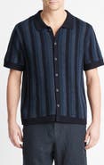 Vince Crochet Stripe Short Sleeve Button-Up Cotton Sweater