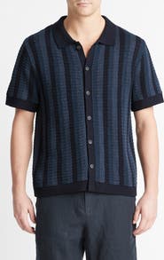 Vince Crochet Stripe Short Sleeve Button-Up Cotton Sweater