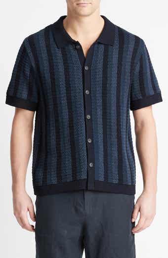 Crochet Stripe Short Sleeve Button-Up Cotton Sweater