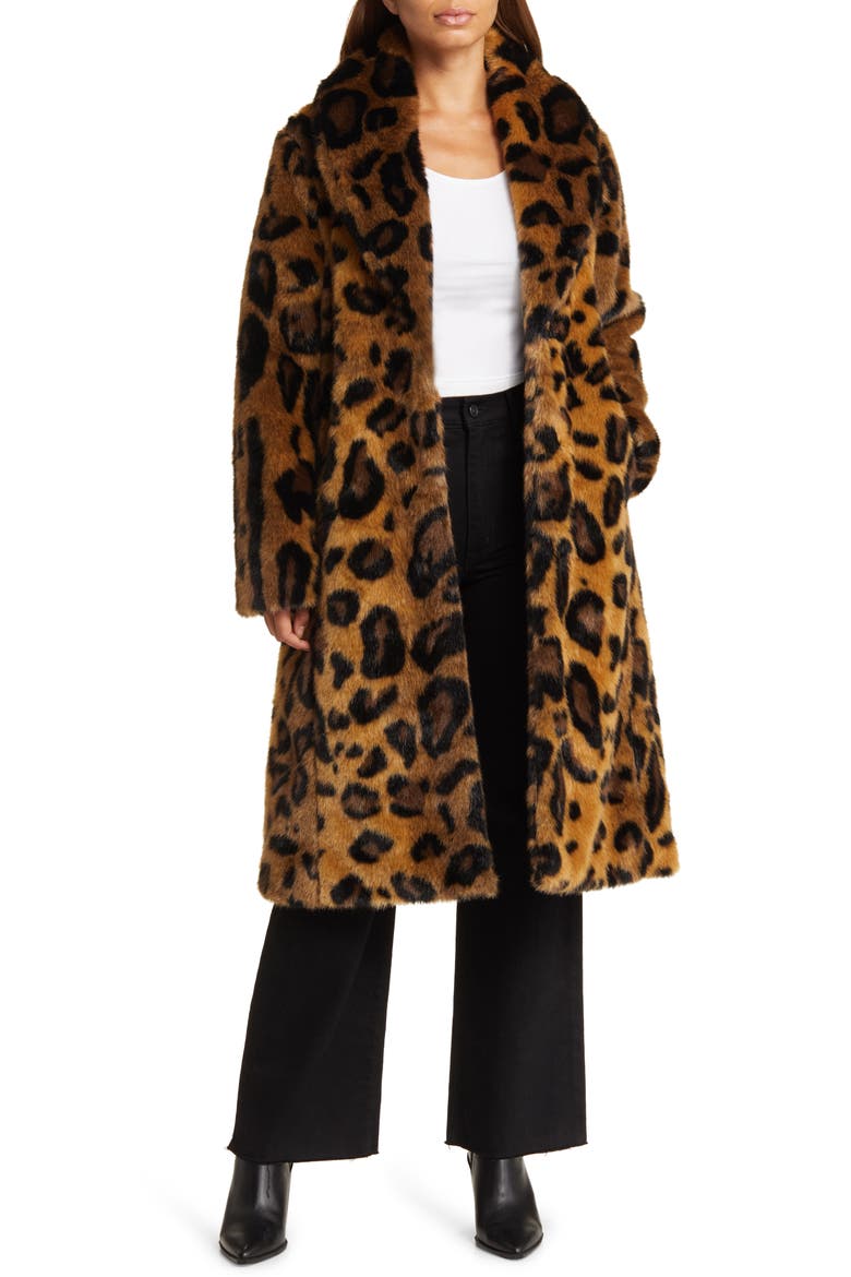 Leopard Print Shawl Collar Faux Fur Coat, Alternate, color, NATURAL LEOPARD