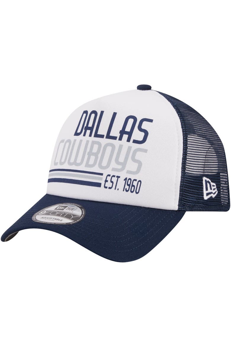 Men's New Era White/Navy Dallas Cowboys Stacked A-Frame Trucker 9FORTY Adjustable Hat, Main, color, White