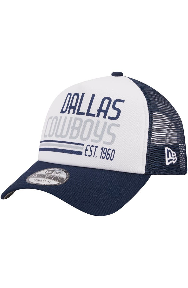New Era Men's New Era White/Navy Dallas Cowboys Stacked A-Frame Trucker 9FORTY Adjustable Hat, Main, color, White