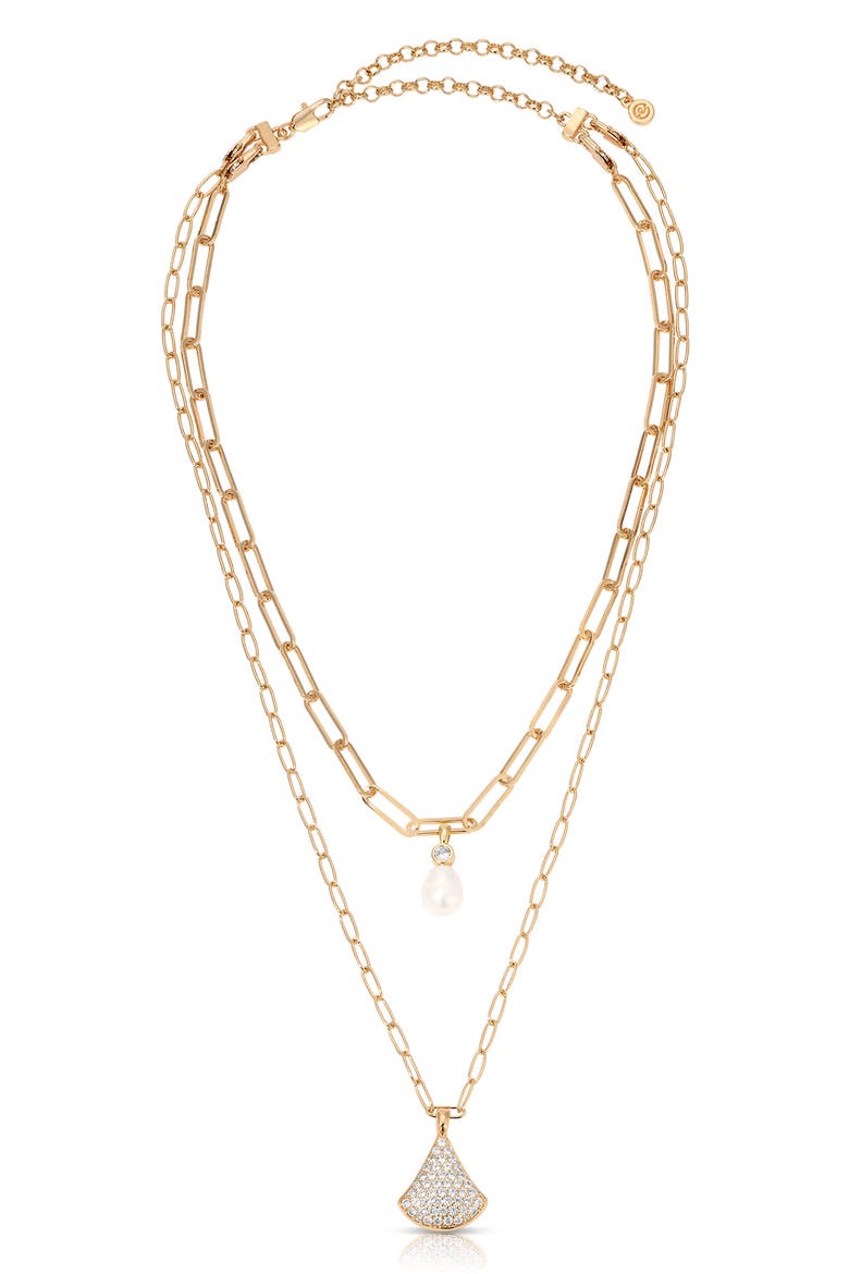 Layered Teardrop & Freshwater Pearl Charm Necklace, Alternate, color, GOLD