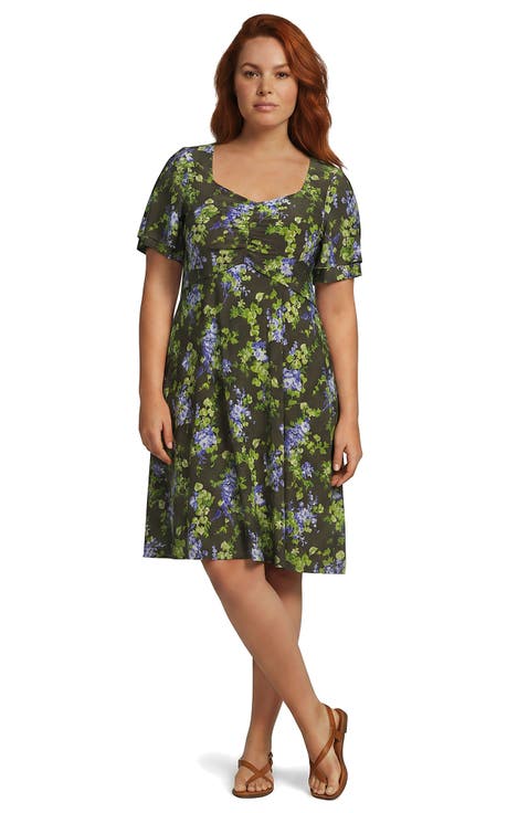 Plus Size Silky Knit V-neck Flutter Sleeve Knee Length Dress