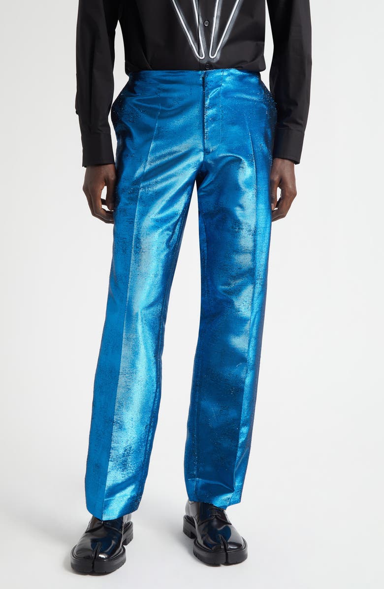 MM6 Maison Margiela Distressed Metallic Jacquard Straight Leg Trousers, Main, color, Blue