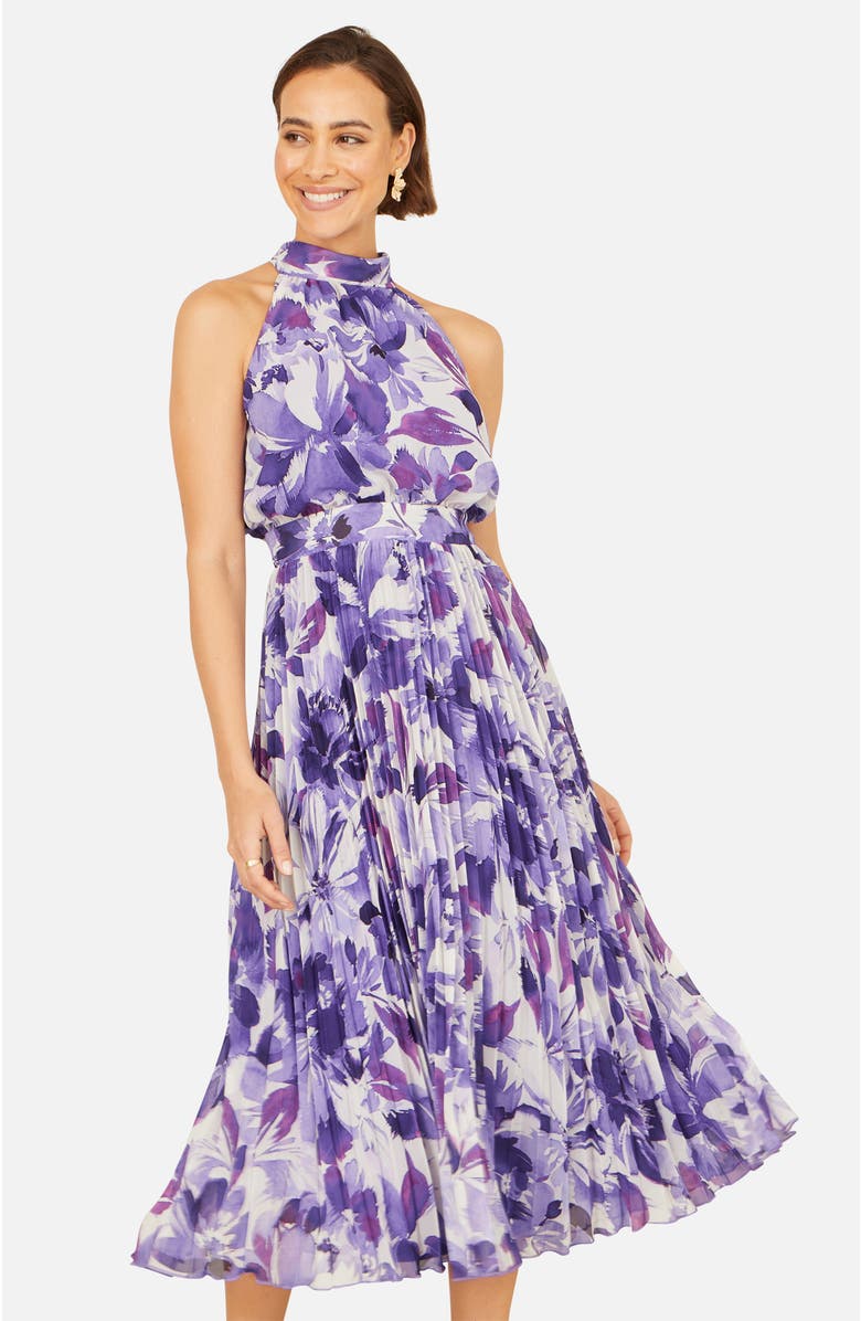Yumi Floral Halter Neck Pleated Midi Dress, Alternate, color, Purple