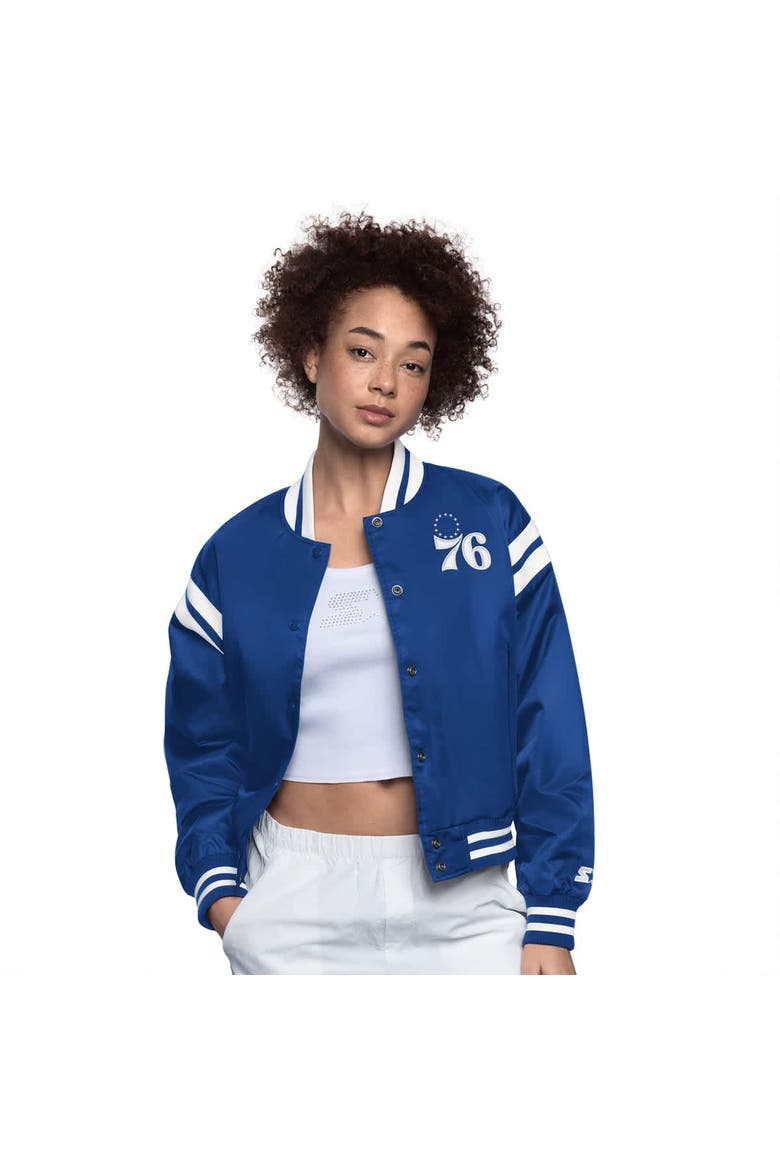 Women's Starter Royal/White Philadelphia 76ers Full Count Satin Full-Snap Varsity Jacket, Main, color, Royal