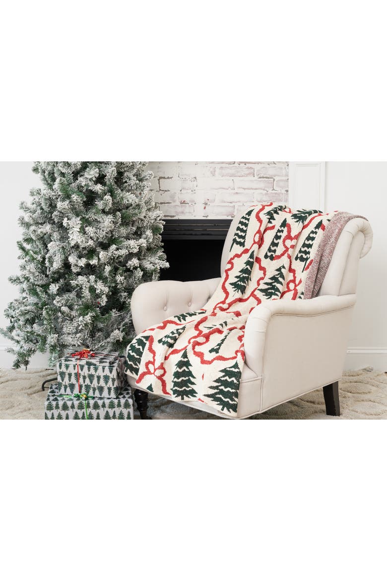 Trees And Ribbon Bows Christmas Knitted Throw Blanket, Alternate, color, Green