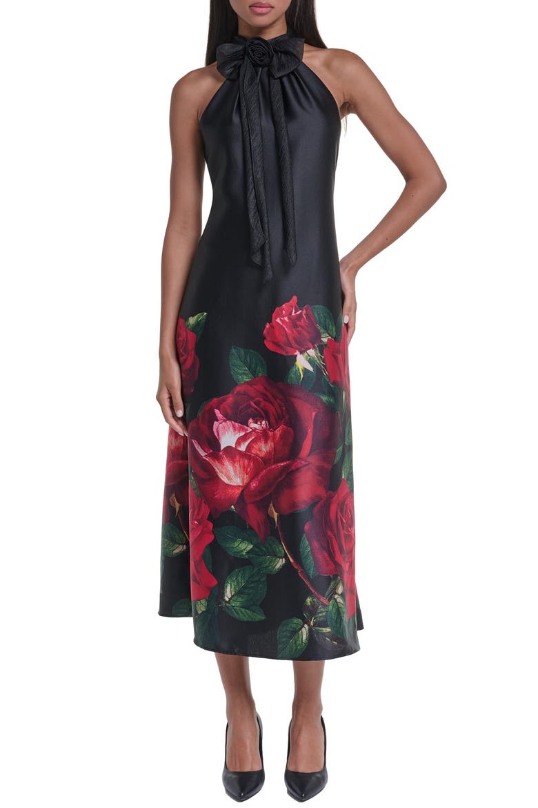 Floral Print Charmeuse Halter Cocktail Dress, Main, color, BLACK MULTI