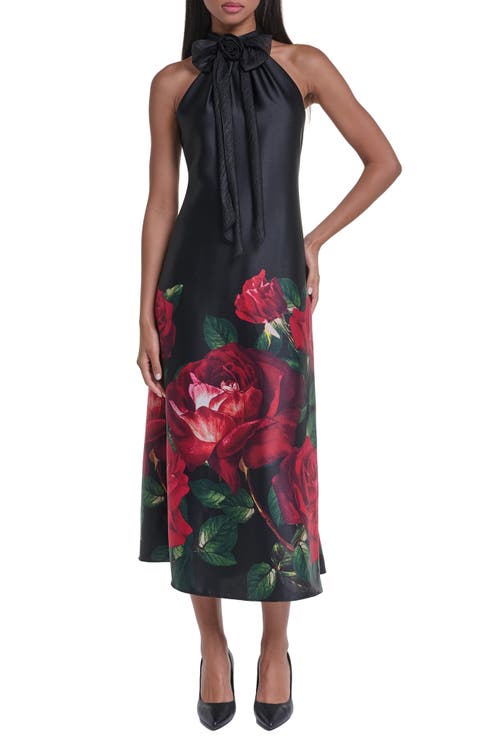 Floral Print Charmeuse Halter Cocktail Dress