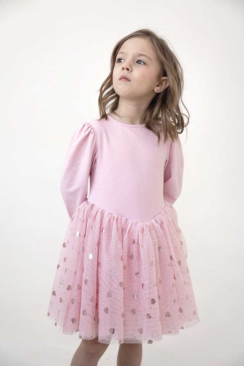 Gleam Long Sleeve Foil Heart Tulle Dress, Alternate, color, Pink Blush
