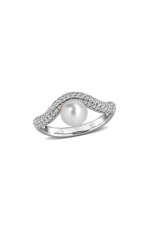 6-6.5mm Cultured Freshwater Pearl & White Topaz Ring