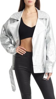 AZALEA WANG Metallic Faux Leather Moto Jacket